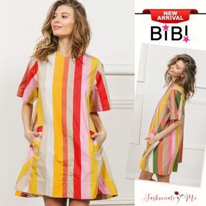 BiBi Multi Stripe Woven Side Pockets Back Key Hole Flared Mini Dress | Mustard
